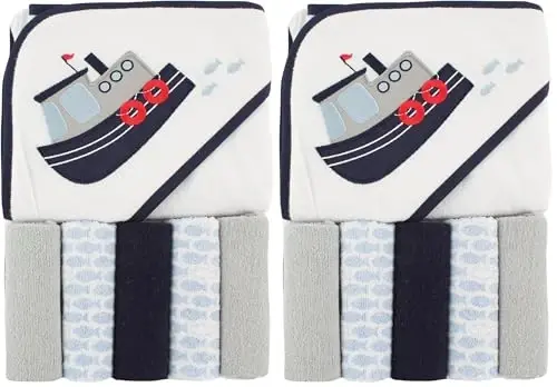 Luvable Friends Unisex Baby Hooded Towel with Five Washcloths, Tugboat, One Size (Pack of 2) - LUVABLE FRIENDS