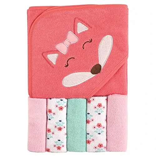 Luvable Friends Unisex Baby Hooded Towel with Five Washcloths, Cotton, Girl Fox, One Size - 1