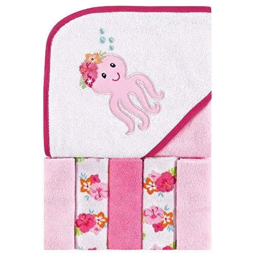 Luvable Friends Unisex Baby Hooded Towel with Five Washcloths, Tropical Octopus, One Size - 1