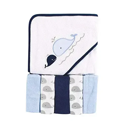 Luvable Friends Unisex Baby Hooded Towel with Five Washcloths, Whale, One Size 
