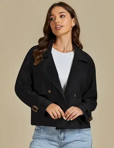 luvamia Cropped Trench Coat for Women Long Sleeve Double Breasted Notched Lapel Casual Loose Fit Jackets with Pockets - 4