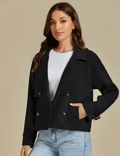 luvamia Cropped Trench Coat for Women Long Sleeve Double Breasted Notched Lapel Casual Loose Fit Jackets with Pockets - 3