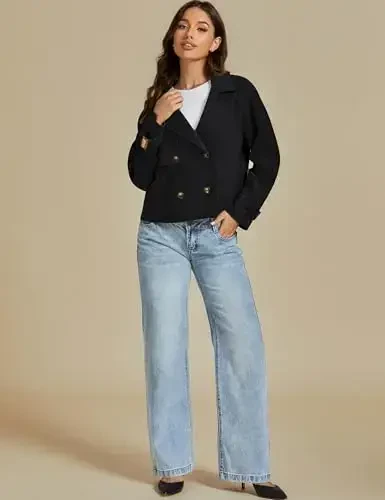 luvamia Cropped Trench Coat for Women Long Sleeve Double Breasted Notched Lapel Casual Loose Fit Jackets with Pockets - 6