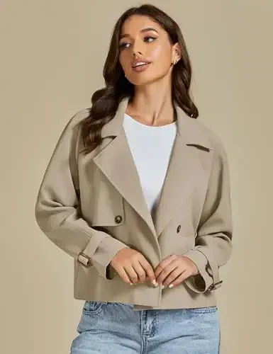 luvamia Cropped Trench Coat for Women Long Sleeve Double Breasted Notched Lapel Casual Loose Fit Jackets with Pockets - 4