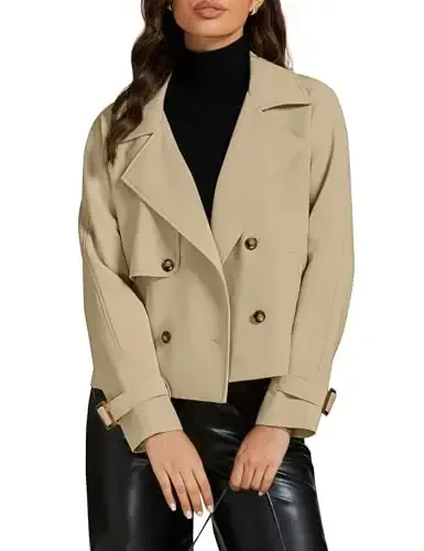 luvamia Cropped Trench Coat for Women Long Sleeve Double Breasted Notched Lapel Casual Loose Fit Jackets with Pockets - 1