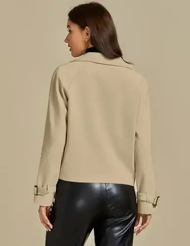 luvamia Cropped Trench Coat for Women Long Sleeve Double Breasted Notched Lapel Casual Loose Fit Jackets with Pockets - 2