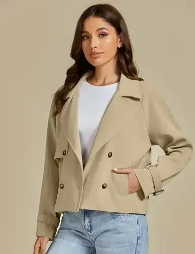 luvamia Cropped Trench Coat for Women Long Sleeve Double Breasted Notched Lapel Casual Loose Fit Jackets with Pockets - 3