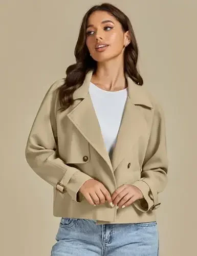 luvamia Cropped Trench Coat for Women Long Sleeve Double Breasted Notched Lapel Casual Loose Fit Jackets with Pockets - 4