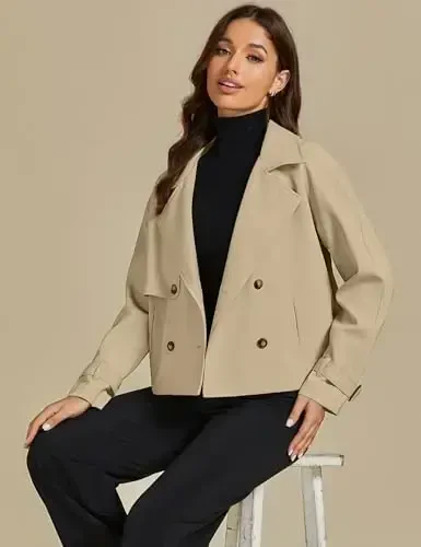 luvamia Cropped Trench Coat for Women Long Sleeve Double Breasted Notched Lapel Casual Loose Fit Jackets with Pockets - 5