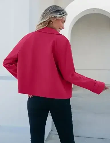 luvamia Cropped Trench Coat for Women Long Sleeve Double Breasted Notched Lapel Casual Loose Fit Jackets with Pockets - 2