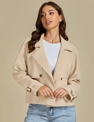 luvamia Cropped Trench Coat for Women Long Sleeve Double Breasted Notched Lapel Casual Loose Fit Jackets with Pockets - 4