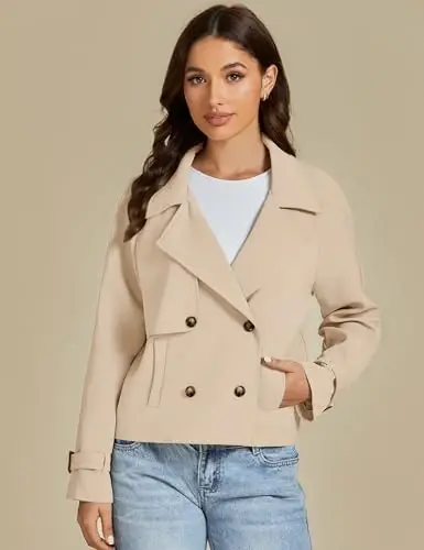 luvamia Cropped Trench Coat for Women Long Sleeve Double Breasted Notched Lapel Casual Loose Fit Jackets with Pockets - 5