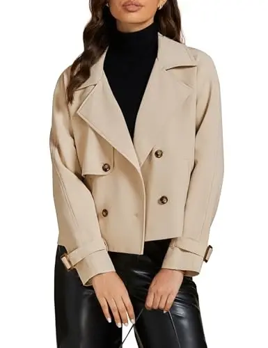 luvamia Cropped Trench Coat for Women Long Sleeve Double Breasted Notched Lapel Casual Loose Fit Jackets with Pockets - LUVAMIA