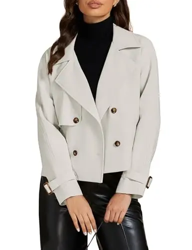 luvamia Cropped Trench Coat for Women Long Sleeve Double Breasted Notched Lapel Casual Loose Fit Jackets with Pockets - LUVAMIA