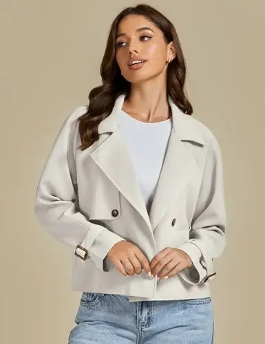 luvamia Cropped Trench Coat for Women Long Sleeve Double Breasted Notched Lapel Casual Loose Fit Jackets with Pockets - 4