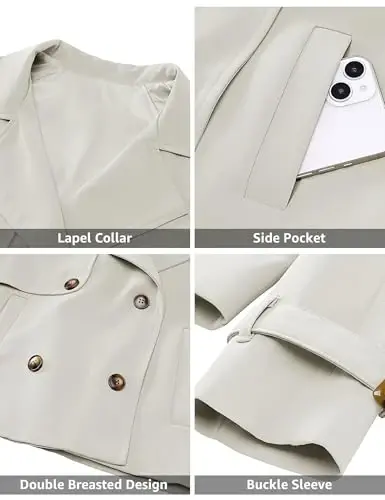luvamia Cropped Trench Coat for Women Long Sleeve Double Breasted Notched Lapel Casual Loose Fit Jackets with Pockets - 5