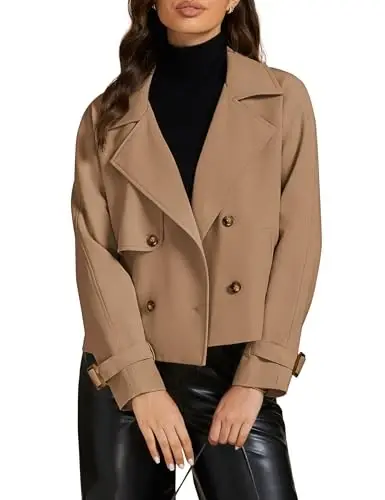 luvamia Cropped Trench Coat for Women Long Sleeve Double Breasted Notched Lapel Casual Loose Fit Jackets with Pockets - LUVAMIA