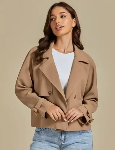 luvamia Cropped Trench Coat for Women Long Sleeve Double Breasted Notched Lapel Casual Loose Fit Jackets with Pockets - 4