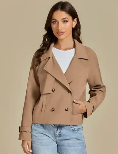 luvamia Cropped Trench Coat for Women Long Sleeve Double Breasted Notched Lapel Casual Loose Fit Jackets with Pockets - 5
