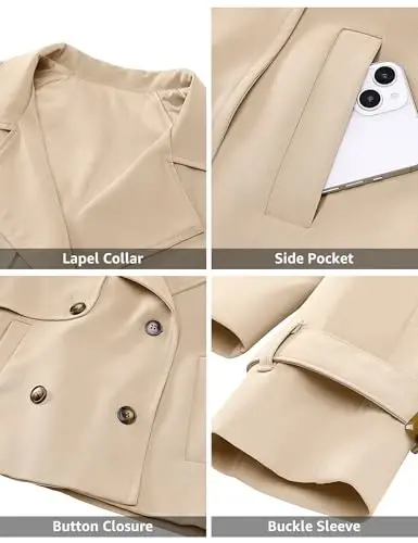 luvamia Cropped Trench Coat for Women Long Sleeve Double Breasted Notched Lapel Casual Loose Fit Jackets with Pockets - 6