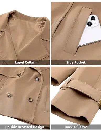 luvamia Cropped Trench Coat for Women Long Sleeve Double Breasted Notched Lapel Casual Loose Fit Jackets with Pockets - 6