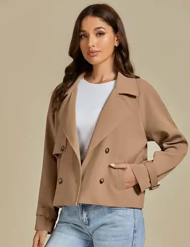 luvamia Cropped Trench Coat for Women Long Sleeve Double Breasted Notched Lapel Casual Loose Fit Jackets with Pockets - 3