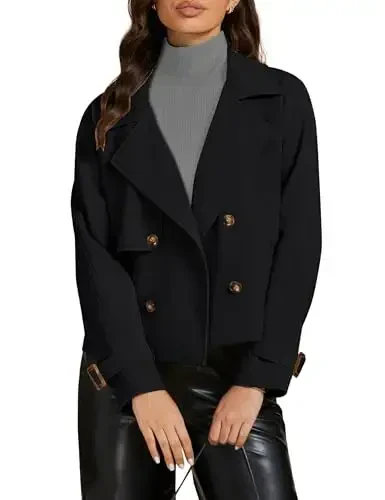 luvamia Cropped Trench Coat for Women Long Sleeve Double Breasted Notched Lapel Casual Loose Fit Jackets with Pockets - MODAZONE