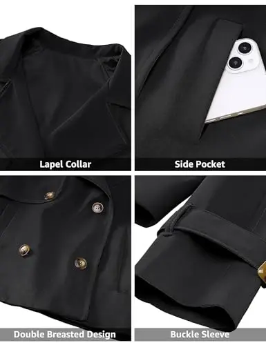 luvamia Cropped Trench Coat for Women Long Sleeve Double Breasted Notched Lapel Casual Loose Fit Jackets with Pockets - 5