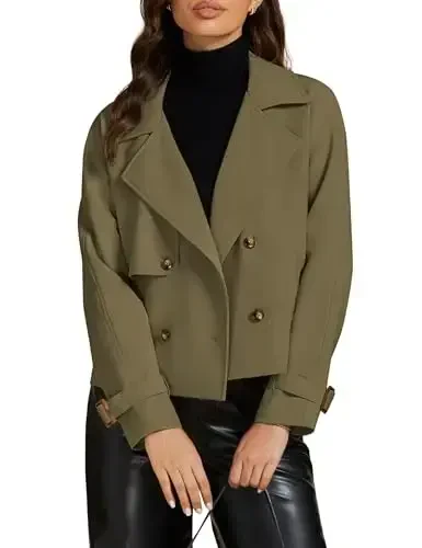 luvamia Cropped Trench Coat for Women Long Sleeve Double Breasted Notched Lapel Casual Loose Fit Jackets with Pockets - 1