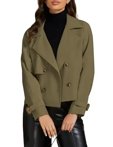 luvamia Cropped Trench Coat for Women Long Sleeve Double Breasted Notched Lapel Casual Loose Fit Jackets with Pockets 