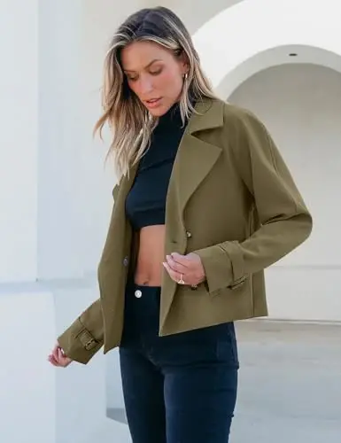luvamia Cropped Trench Coat for Women Long Sleeve Double Breasted Notched Lapel Casual Loose Fit Jackets with Pockets - 3