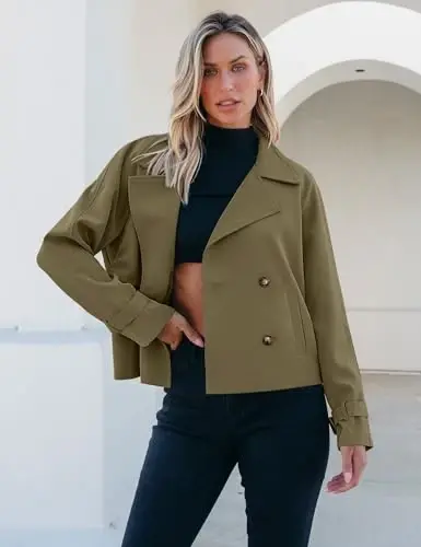 luvamia Cropped Trench Coat for Women Long Sleeve Double Breasted Notched Lapel Casual Loose Fit Jackets with Pockets - 4