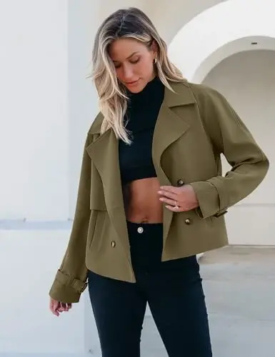 luvamia Cropped Trench Coat for Women Long Sleeve Double Breasted Notched Lapel Casual Loose Fit Jackets with Pockets - 5