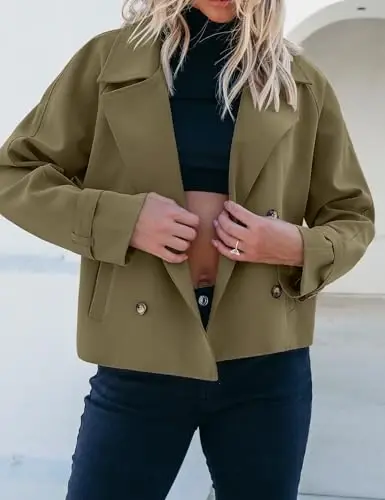 luvamia Cropped Trench Coat for Women Long Sleeve Double Breasted Notched Lapel Casual Loose Fit Jackets with Pockets - 6