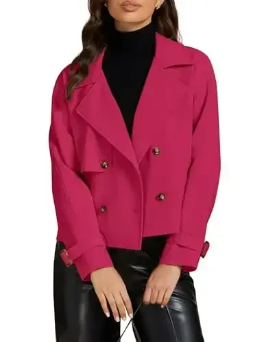 luvamia Cropped Trench Coat for Women Long Sleeve Double Breasted Notched Lapel Casual Loose Fit Jackets with Pockets - LUVAMIA