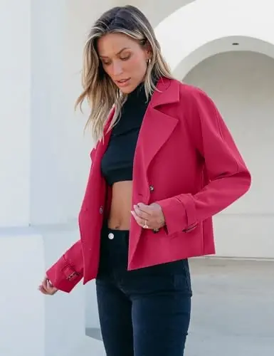 luvamia Cropped Trench Coat for Women Long Sleeve Double Breasted Notched Lapel Casual Loose Fit Jackets with Pockets - 3