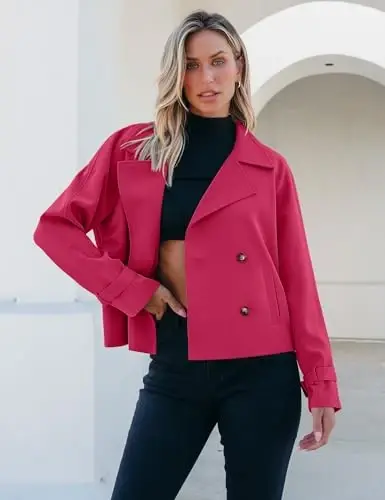 luvamia Cropped Trench Coat for Women Long Sleeve Double Breasted Notched Lapel Casual Loose Fit Jackets with Pockets - 4