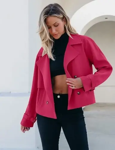 luvamia Cropped Trench Coat for Women Long Sleeve Double Breasted Notched Lapel Casual Loose Fit Jackets with Pockets - 5