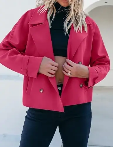 luvamia Cropped Trench Coat for Women Long Sleeve Double Breasted Notched Lapel Casual Loose Fit Jackets with Pockets - 6