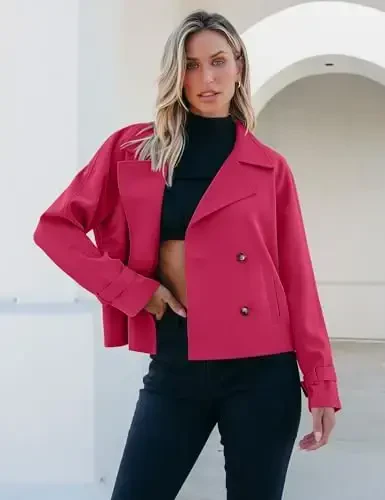 luvamia Cropped Trench Coat for Women Long Sleeve Double Breasted Notched Lapel Casual Loose Fit Jackets with Pockets - 4
