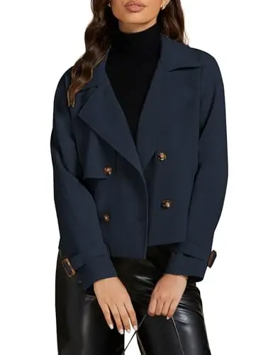 luvamia Cropped Trench Coat for Women Long Sleeve Double Breasted Notched Lapel Casual Loose Fit Jackets with Pockets - 1
