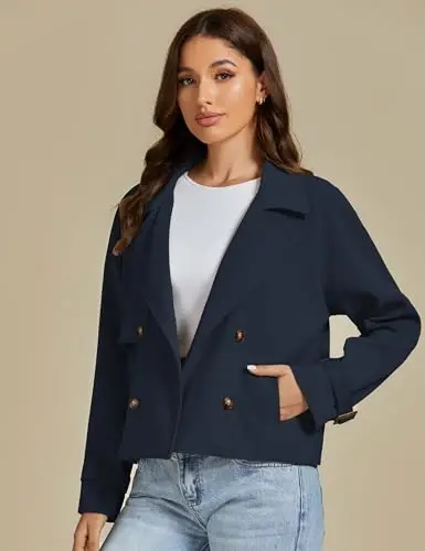 luvamia Cropped Trench Coat for Women Long Sleeve Double Breasted Notched Lapel Casual Loose Fit Jackets with Pockets - 3