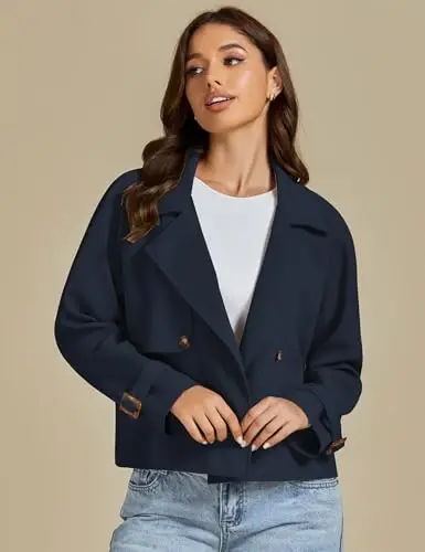 luvamia Cropped Trench Coat for Women Long Sleeve Double Breasted Notched Lapel Casual Loose Fit Jackets with Pockets - 4