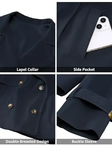 luvamia Cropped Trench Coat for Women Long Sleeve Double Breasted Notched Lapel Casual Loose Fit Jackets with Pockets - 5