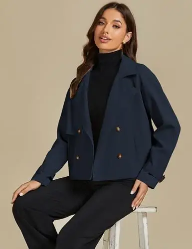 luvamia Cropped Trench Coat for Women Long Sleeve Double Breasted Notched Lapel Casual Loose Fit Jackets with Pockets - 6