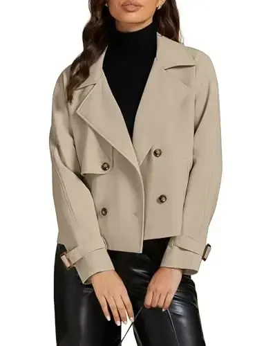 luvamia Cropped Trench Coat for Women Long Sleeve Double Breasted Notched Lapel Casual Loose Fit Jackets with Pockets 