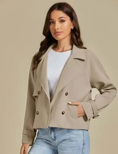 luvamia Cropped Trench Coat for Women Long Sleeve Double Breasted Notched Lapel Casual Loose Fit Jackets with Pockets - 3