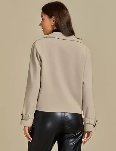 luvamia Cropped Trench Coat for Women Long Sleeve Double Breasted Notched Lapel Casual Loose Fit Jackets with Pockets - 2