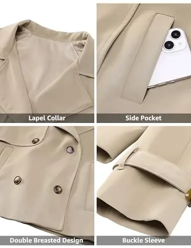 luvamia Cropped Trench Coat for Women Long Sleeve Double Breasted Notched Lapel Casual Loose Fit Jackets with Pockets - 5