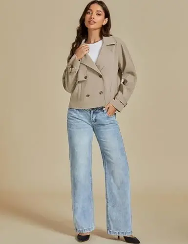 luvamia Cropped Trench Coat for Women Long Sleeve Double Breasted Notched Lapel Casual Loose Fit Jackets with Pockets - 6